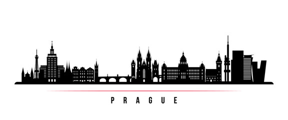 Obraz premium Prague skyline horizontal banner. Black and white silhouette of Prague, Czech Republic. Vector template for your design.
