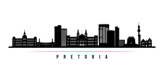 Pretoria skyline horizontal banner. Black and white silhouette of Pretoria, South Africa. Vector template for your design.