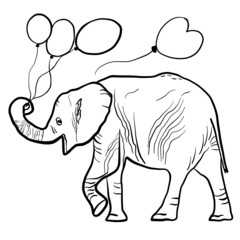 Elephant with balloons hand drawn vector illustration isolated on white background 