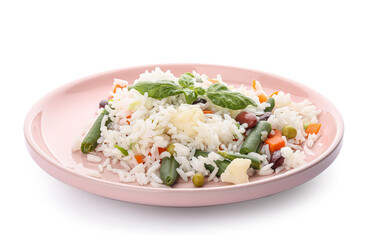 Plate with tasty rice, beans and vegetables on white background