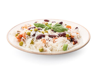 Plate with tasty rice, beans and vegetables on white background