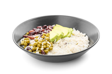 Bowl with tasty rice, beans and avocado on white background