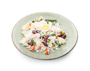 Plate with tasty rice, beans and vegetables on white background