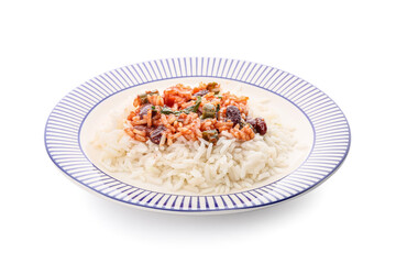 Plate with tasty rice, beans and vegetables on white background