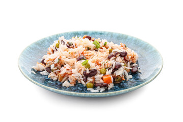 Plate with tasty rice, beans and vegetables on white background