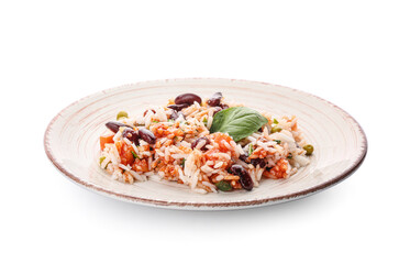 Plate with tasty rice, beans and vegetables on white background