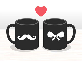 The illustration of mug. Black mug couple with a simple pictures, mustache and ribbon. For couple with love. The mug with this simple but elegant. Makes a romantic impreesion on a beloved couple. Love
