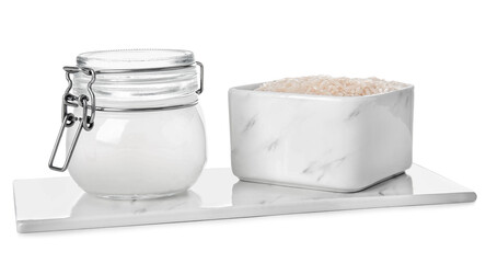 Jar of rice water on white background