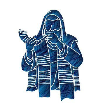 man blowing shofar blue textured clip art preview