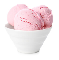 Bowl with tasty ice cream on color background
