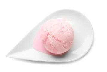 Plate with tasty ice cream on color background