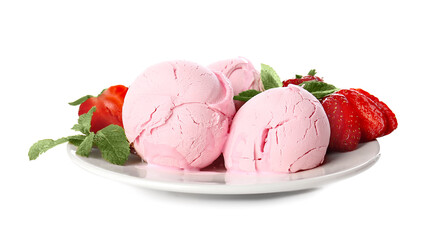 Plate with tasty ice cream on color background