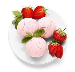 Plate with tasty ice cream on color background