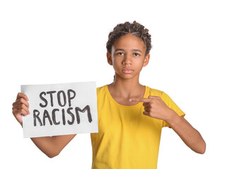 African-American girl with poster on white background. Stop racism