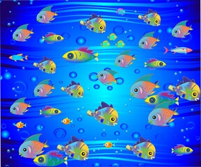 Plakat composition with colorful fish that swim in the sea