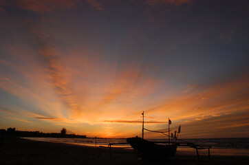 Sunset at the beach, Boat in panjang beach Bengkulu Indonesia