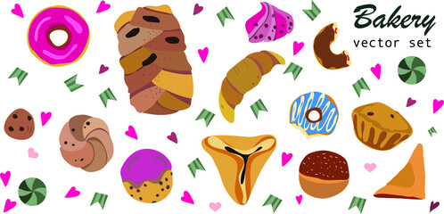 Bakery and confectionery food. Vector set candies, cupcake, donut and cakes. Transparent background