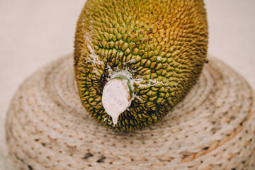 Big jack fruit on the rattan background