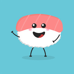 Cute flat cartoon salmon sushi holding a sign illustration. Vector illustration of cute sushi with a smiling expression. Cute sushi with a sign mascot design