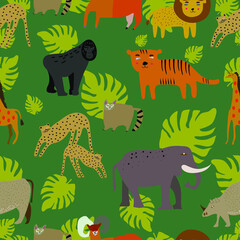 Africa animals. Safari collection with giraffe,rhino, tiger, lion, gorilla, lemur, elephant, goat, cheetah.  Seamless pattern. Flat design. Vector 