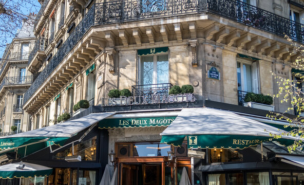 Paris, France - March 21 2019: Famous cafe Les Deux Magots located on Place Saint Germain des Pres.