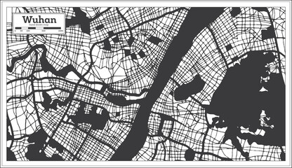 Obraz na płótnie Canvas Wuhan China City Map in Black and White Color in Retro Style. Outline Map.