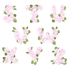 Obraz na płótnie Canvas Letters S-Z of the English alphabet from apple blossom
