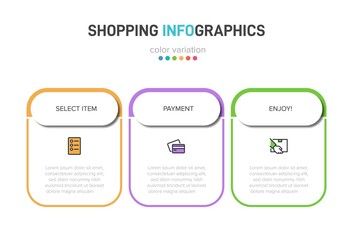 Concept of shopping process with 3 successive steps. Three colorful graphic elements. Timeline design for brochure, presentation, web site. Infographic design layout.