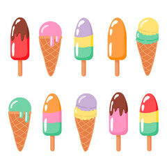 Set of hand drawn ice cream cones and popsicles, tasty colorful collection of cute simple ice creams isolated on white background. Vector illustration for web design, print, stickers or greeting cards
