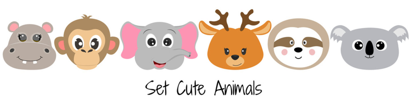 Cute cartoon characters animals monkey, hippo, zebra, elephant, bear, deer, sloth, koala, kawaii flat style.