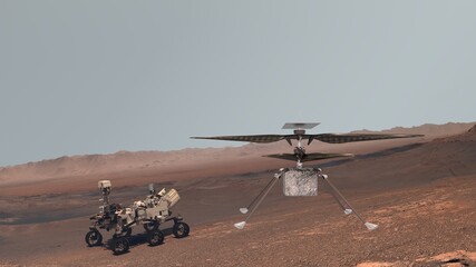 Mars. Perseverance rover and Ingenuity helicopter explore Mars against the backdrop of a real...
