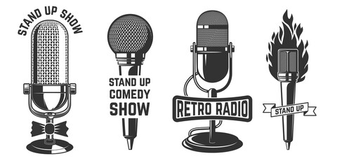 Stand up show. Set of emblems with retro microphones . Design element for logo, label, sign, poster, t shirt. Vector illustration