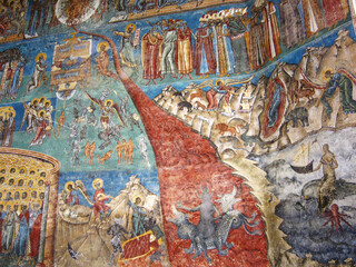 The Voronet Monastery in Voronet, ROMANIA, which is one of the famous painted monasteries in...