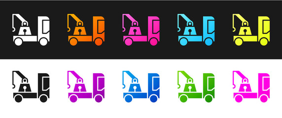 Set Tow truck icon isolated on black and white background. Vector Illustration.