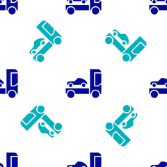 Blue Car transporter truck for transportation of car icon isolated seamless pattern on white background. Vector Illustration.