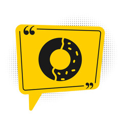 Black Donut with sweet glaze icon isolated on white background. Yellow speech bubble symbol. Vector Illustration.