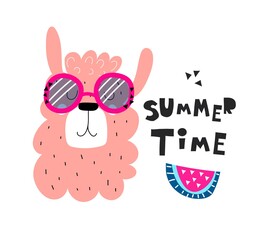 cartoon llama, hand drawing lettering, decor elements. Summer colorful vector illustration, flat style. design for cards, print, posters, logo, cover