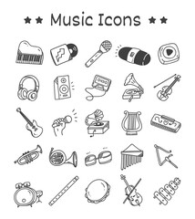 Set of Music Instrument Icons in Doodle Style Vector Illustration