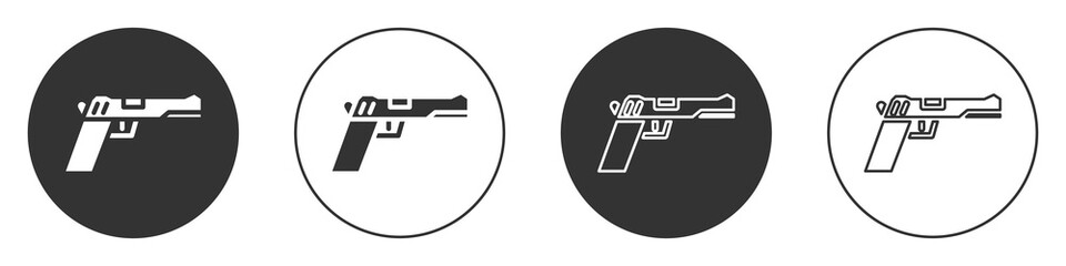 Black Pistol or gun icon isolated on white background. Police or military handgun. Small firearm. Circle button. Vector Illustration.