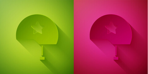 Paper cut Military helmet icon isolated on green and pink background. Army hat symbol of defense and protect. Protective hat. Paper art style. Vector Illustration.