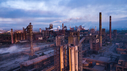 industry metallurgical plant dawn smoke smog emissions bad ecology aerial photography