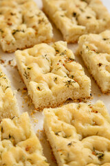 Home-baked Rosemary Garlic Focaccia Bread, low angle view.
