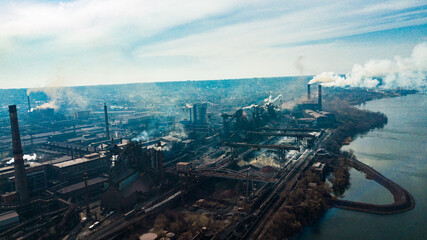 metallurgical production plant full cycle smoke from pipes bad ecology aerial photography