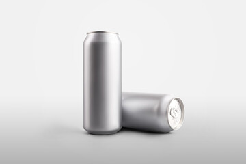 Mockup canned metal cans with a refreshing drink or water, a 500 ml tin bottle standing and lying on a white background.