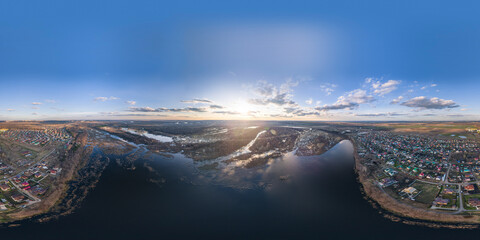 Clear sky environment map of summer weather. Full 360 Degree Aerial Panorama in equirectangular equidistant projection for VR AR content.