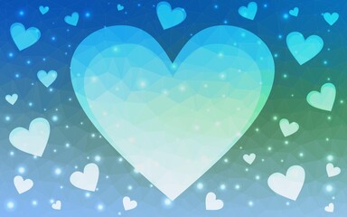 Light Blue, Green vector  background with hearts. Decorative shining illustration with hearts on abstract template. Design for ad, poster, banner of Valentine Day.