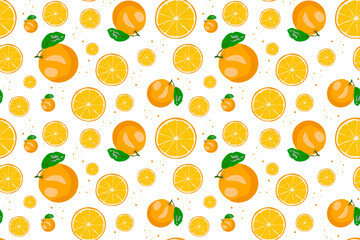 Seamless pattern with orange fruits and leaves on a light background. Vector illustration Good print for menu, recipe, card, fabric or wallpaper.