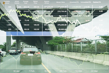 Stock financial index of successful investment on superhighway transportation business and traffic...
