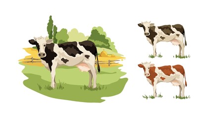 Blank for label with cow in different colors. Vector illustration, fields and meadows with cows.