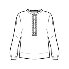 Shirt technical fashion illustration with oversized body, concealed button fastenings along front, ruffles, cropped sleeves. Flat apparel template front, back, white color. Women, men unisex mockup